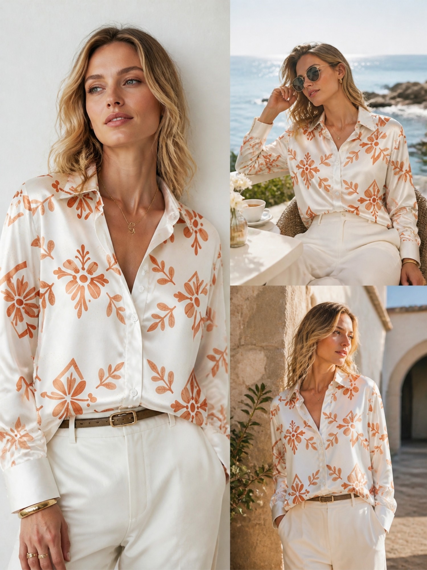 Resort Shirt Floral - Cream Orange Floral Satin Blouse for