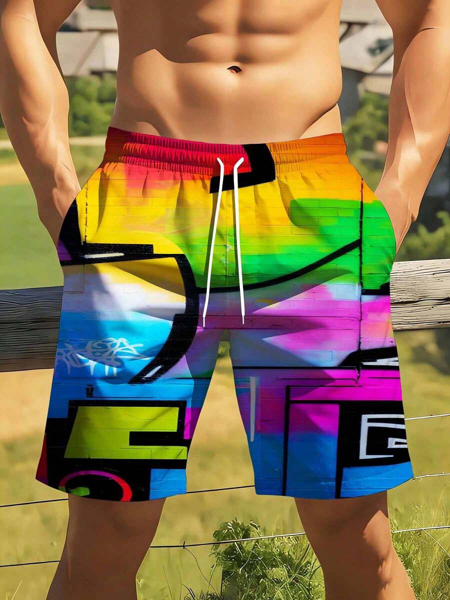 Mens Rainbow Graffiti Print Sw - مراجعة Swim Trunk Quick Dry وسعره