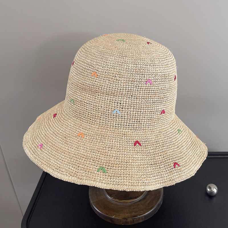 Women Embroidery Heart Raffia  - مراجعة Bucket Hat Straw وسعره