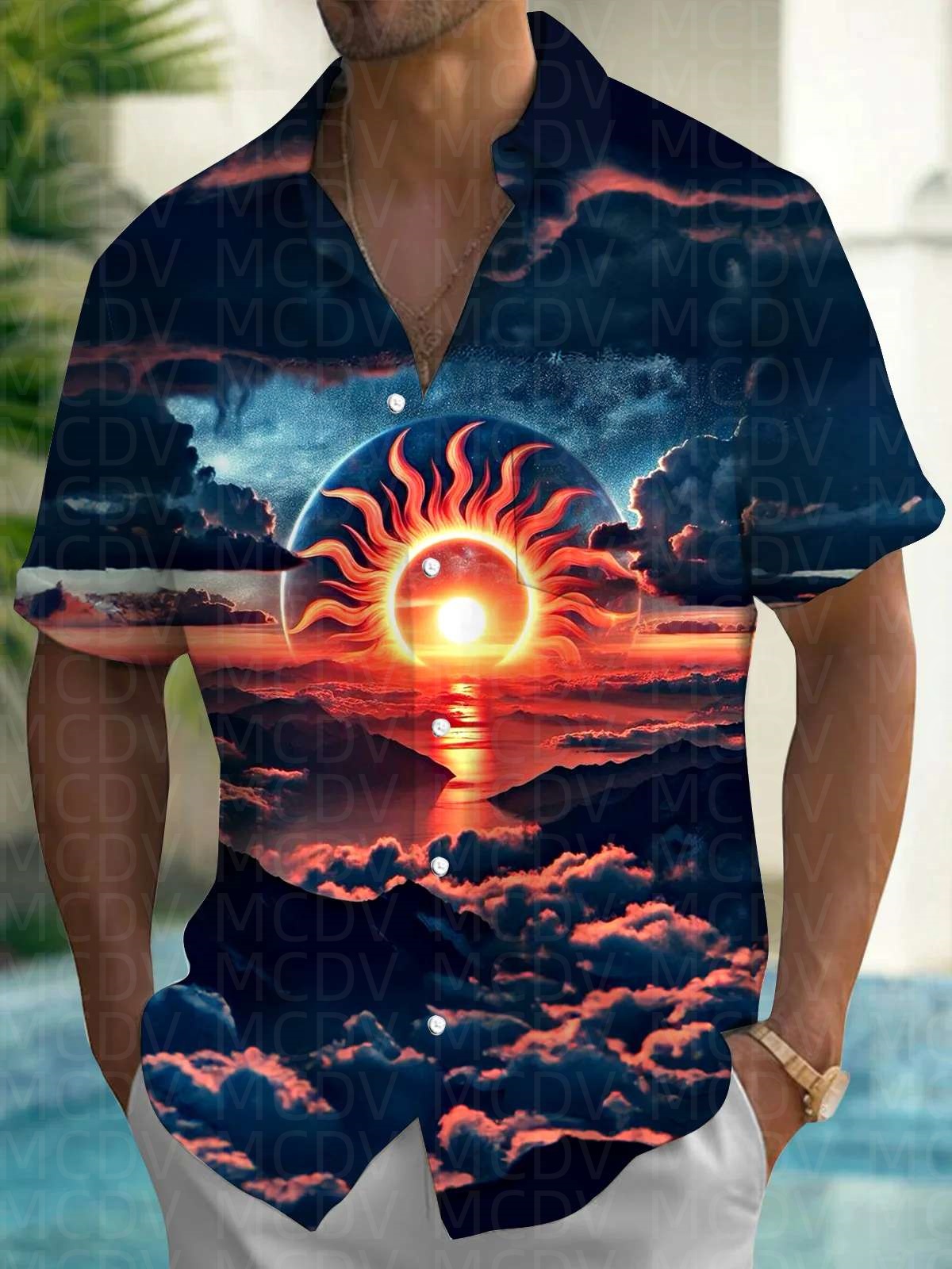 Sun Pattern Style Men's Hawaii - مراجعة Shirt Camp Collar وسعره