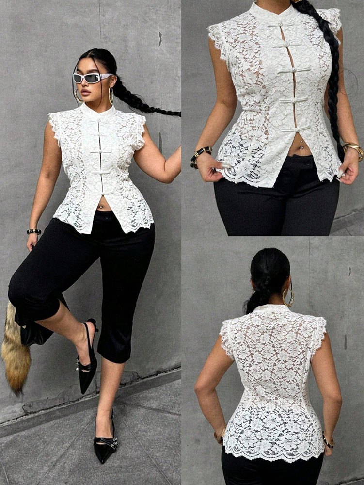 Plus Size Elegant Lace Blouse, - مراجعة Shirt Camp Collar وسعره