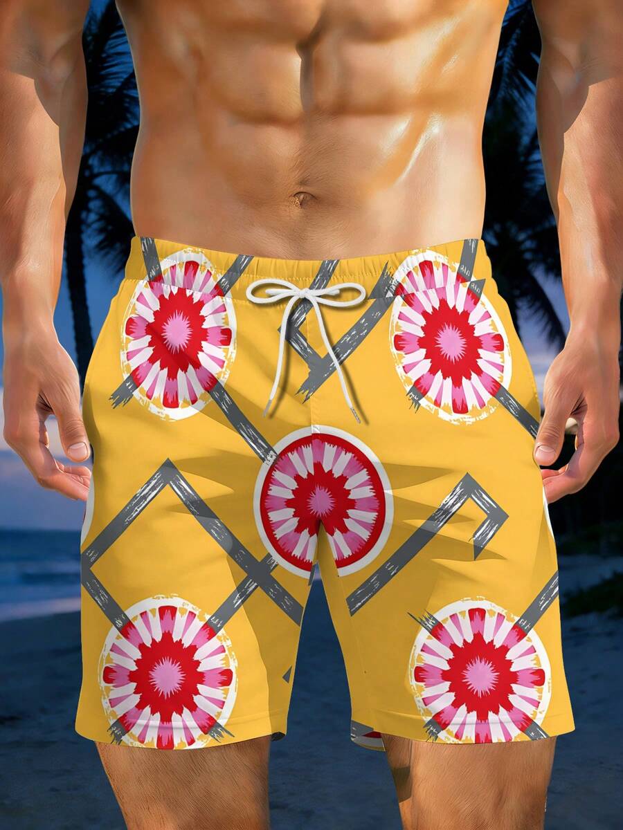 Mens Geometric Floral Print Be - مراجعة Swim Trunk Quick Dry وسعره