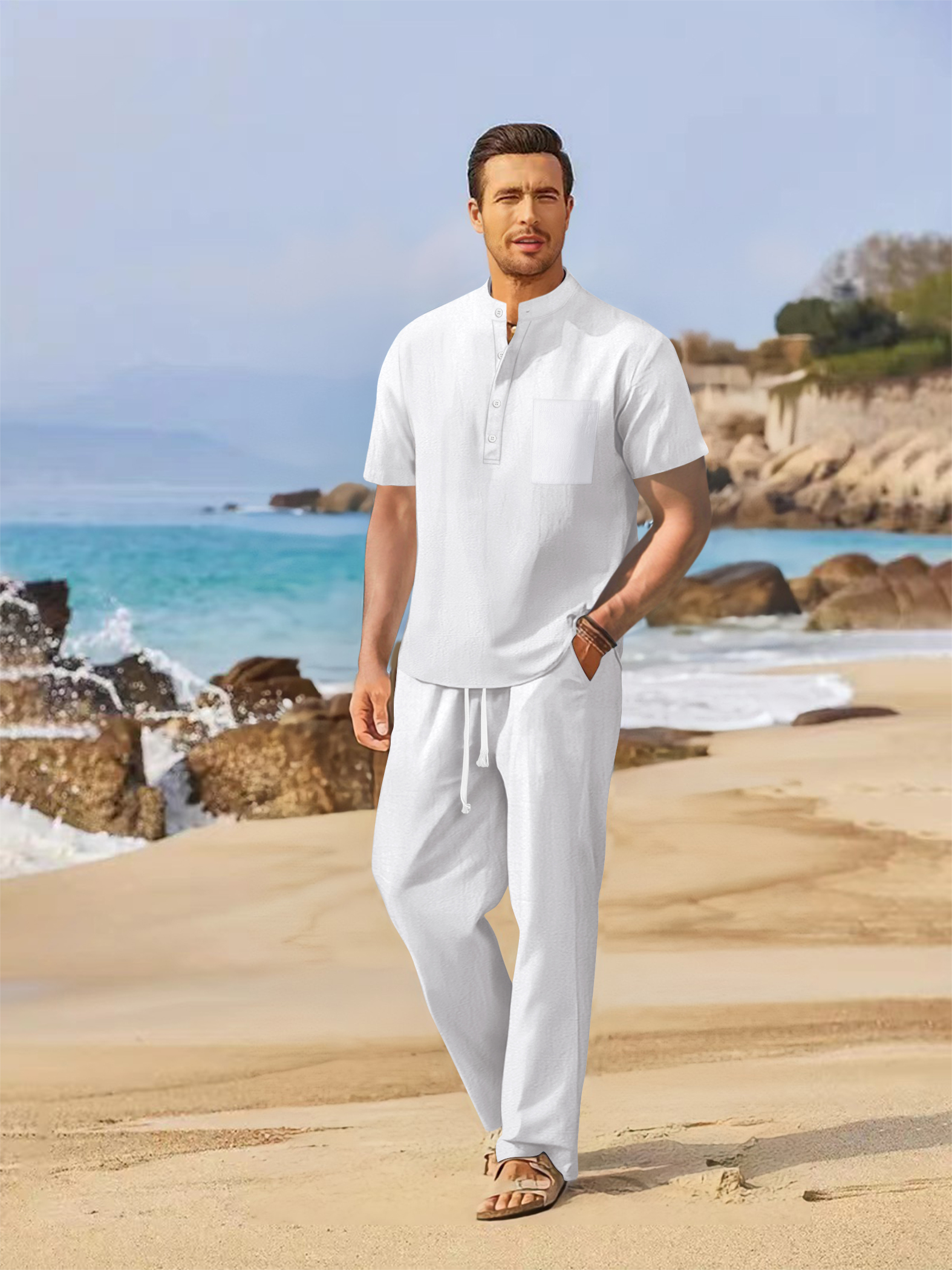 Summer men's cotton and linen  - مراجعة Short Linen Drawstring وسعره