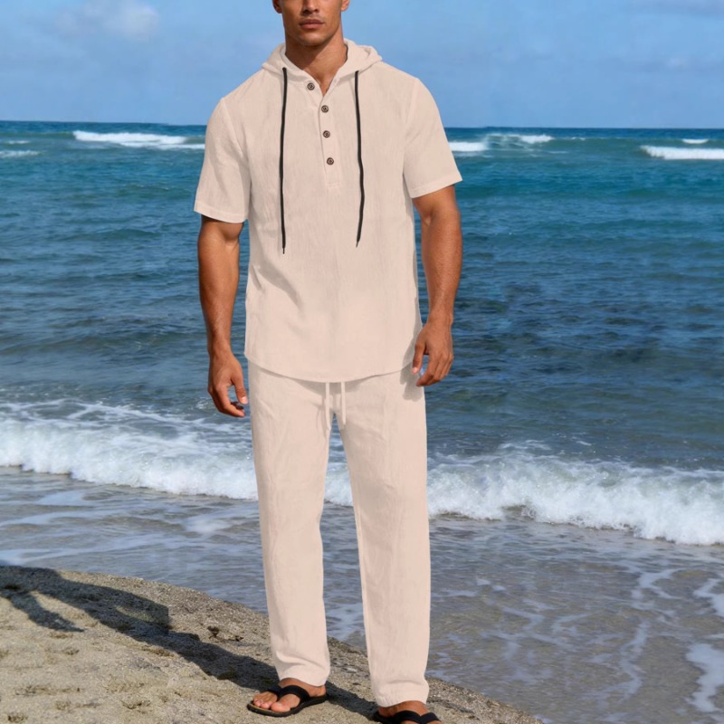 Men's 2 Piece Linen Hooded Out - مراجعة Short Linen Drawstring وسعره