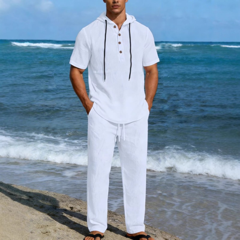 Men's 2 Piece Linen Hooded Out - مراجعة Short Linen Drawstring وسعره