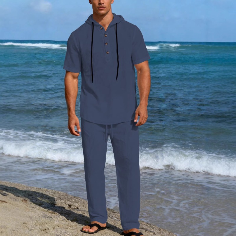 Men's 2 Piece Linen Hooded Out - مراجعة Short Linen Drawstring وسعره