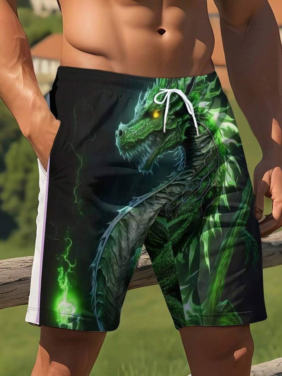 Mens Dragon Print Drawstring W - مراجعة Swim Trunk Quick Dry وسعره