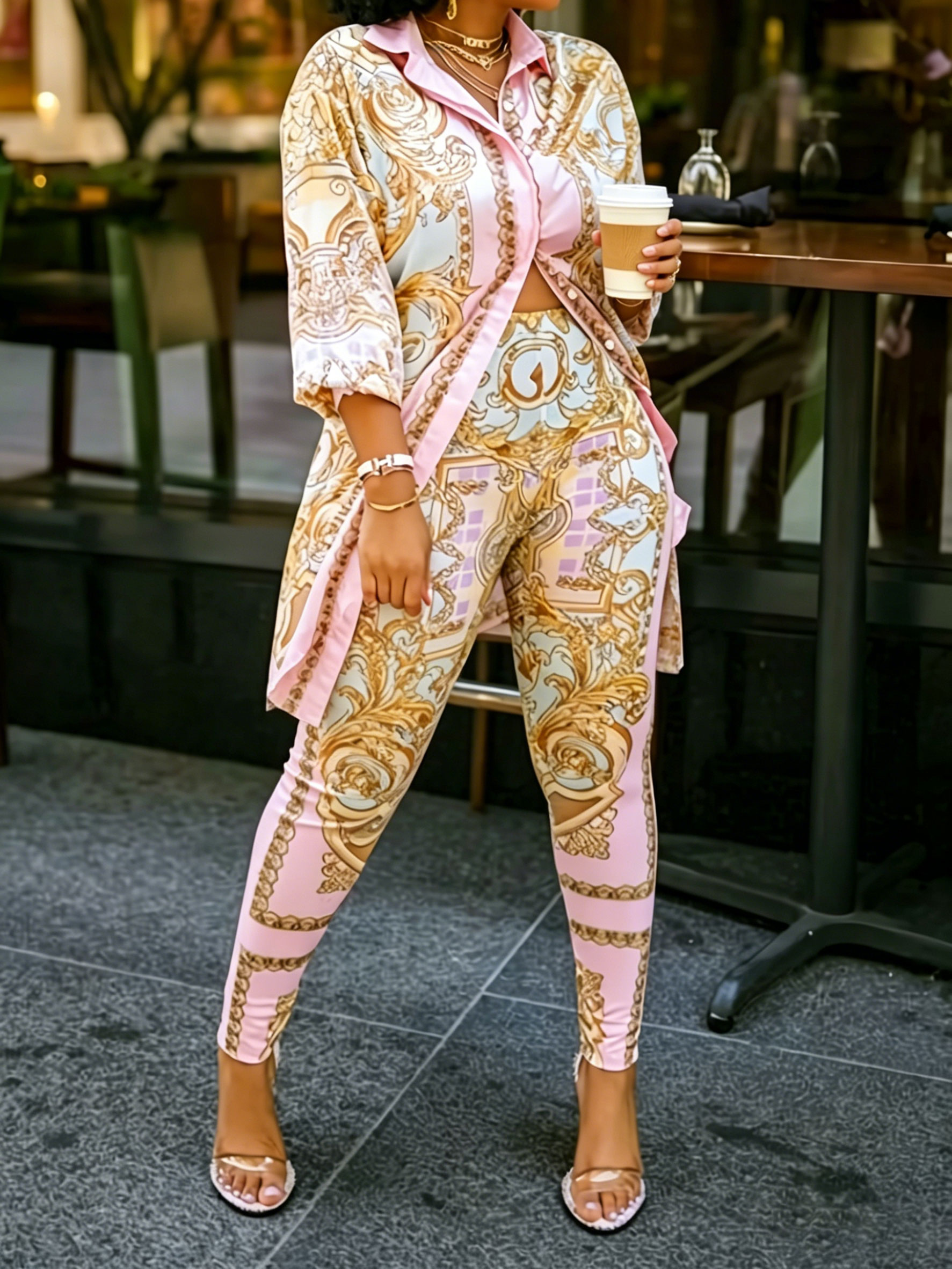 Women 2 Piece Set Ornate Print - مراجعة Shirt Camp Collar وسعره