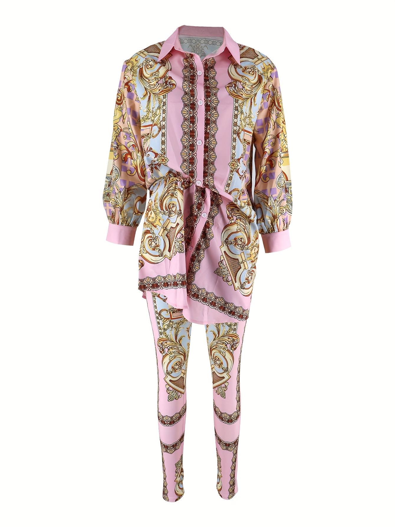 Women 2 Piece Set Ornate Print - مراجعة Shirt Camp Collar وسعره